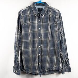 Ben Sherman Mens Large Stretch Plaid Button Down Shirt Blue 98% Cotton Spandex
